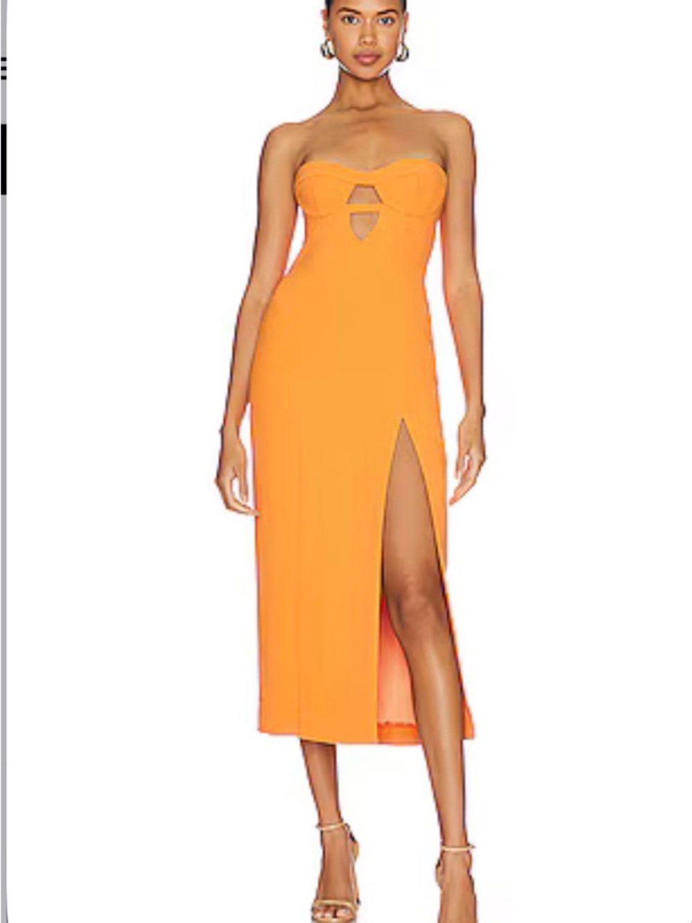 Bardot Strapless Orange Midi Dress with Front Slit